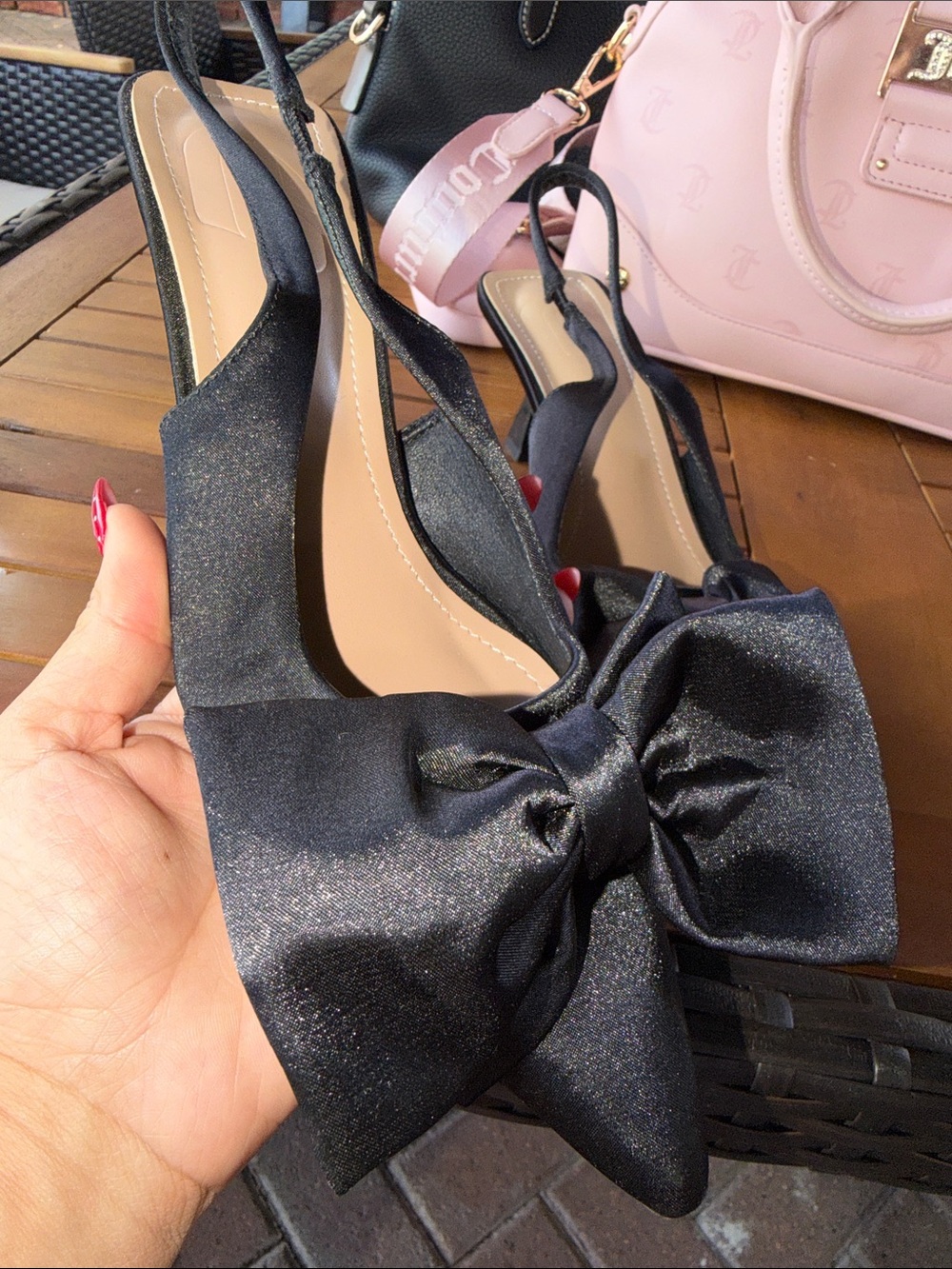 Black Satin Bow Slingback Heels